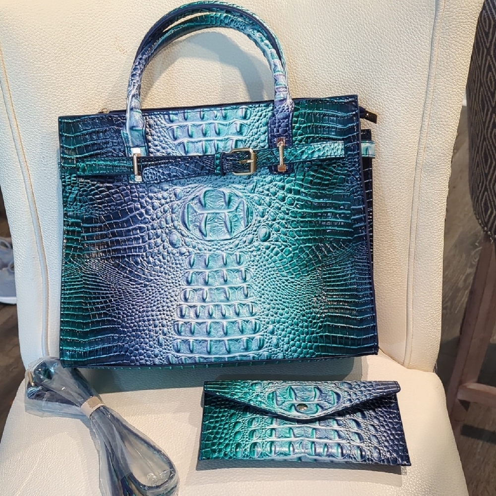 Elegant Blue Crocodile-Embossed Satchel and Wallet Set